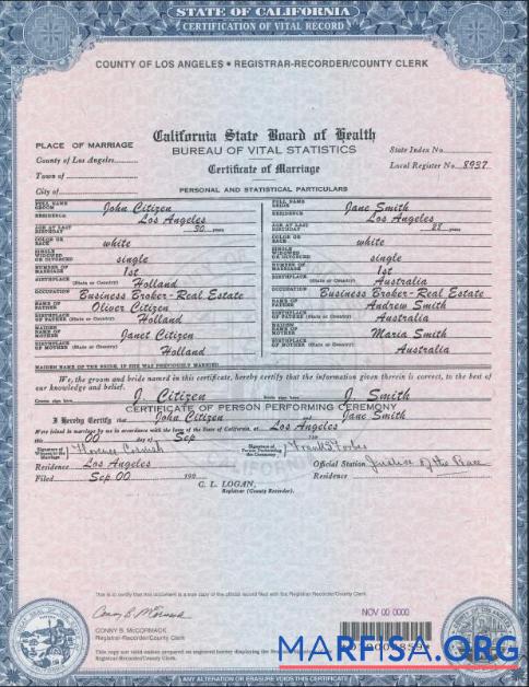 Printable USA California Marriage Certificate template in PSD format